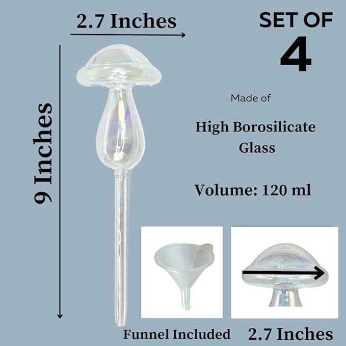 Evelots Plant Self Watering Glass Globes, Iridescent Mushroom Shaped Bulbs (4 Pack) Automatic Water Irrigation System for Plants with Funnel, Indoor & Outdoor Use -Extra Long 9 Inches