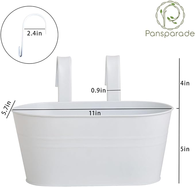 3 Pack Metal Hanging Flower Pots for Railing Fence，Outdoor Balcony Rail Planter with Detachable Hooks Drainage Holes for Deck Garden Home Decor White