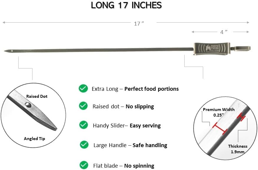 Fuego Skewers for Grilling - 17" Stainless Steel Flat Blade with Push Slider | Reusable & Dishwasher Safe | BBQ Skewers and Shish Kabob | Set of 8