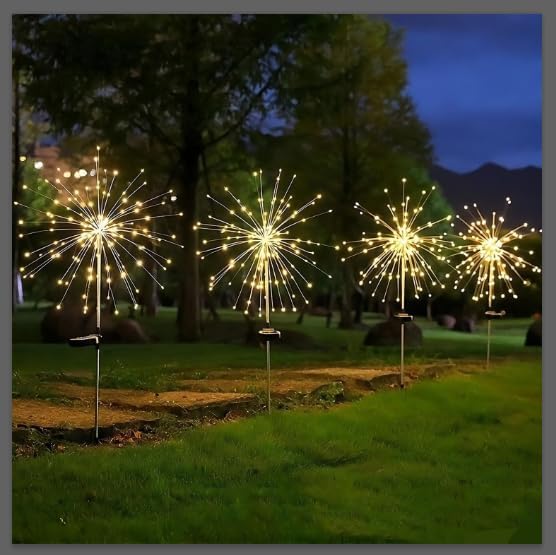 Anordsem Solar Fireworks Lights for Outdoor: Garden Light Waterproof for Yard Outside Decoration-Sparkler Stick LEDs for Pathway Lawn -Twinkle Lamp Powered Walkway Stake Party 4 Pack Warm White