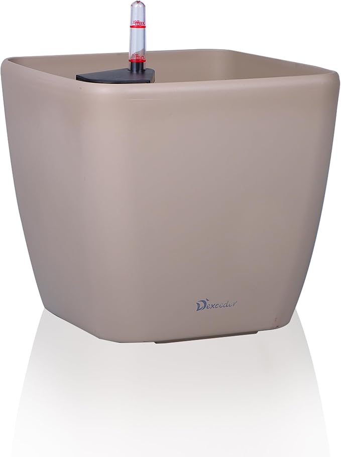 Dexceder 18x17 Self Watering Planter with Wheels Indoor Outdoor, Inner Mat Design, Thickened Large Floor Standing Flower Plant Pot with Water Level Indicator (Taupe Matte)