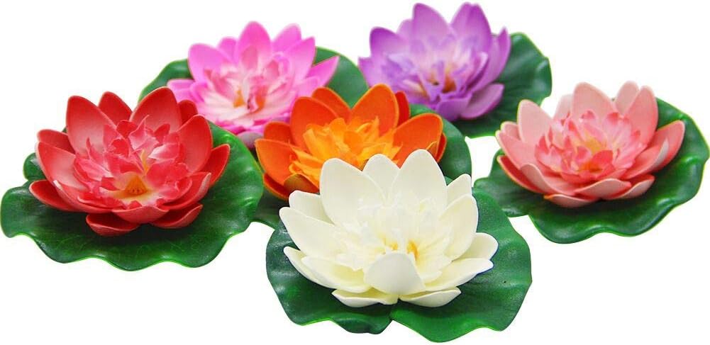 Happy Trees 12 Pcs Artificial Floating Foam Lotus Flower with Water Lily Pad, Lifelike Ornanment Home Garden Pond Decor Indian Decorations Return Gifts