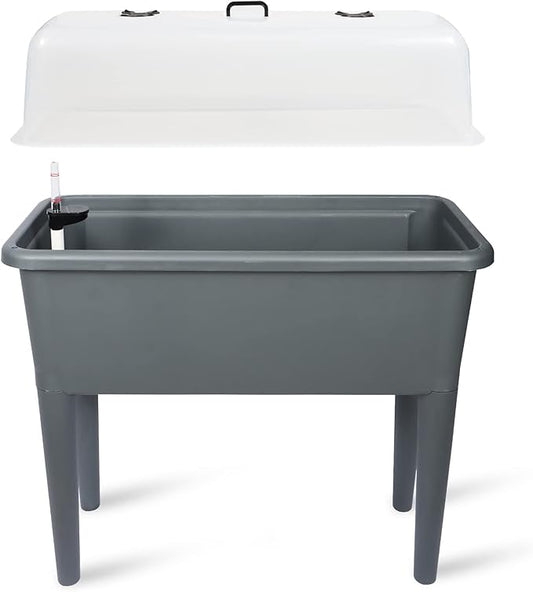 Dexceder 13.2 Gallon Self Watering Raised Garden Bed with Ventilation Transparent Lid Greenhouse, Deepen Vegetable Flower Box Planter Pot with Removeble Legs & Water Level Indicator (Deep Gray)