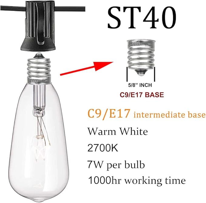 GOOTHY 20Ft Outdoor String Lights with 22 Edison Bulbs(2 Spare), 7W E17 Intremediate Base ST40 Vintage Outdoor Patio Lights Waterproof UL Listed for Bistro Garden Backyard Party Wedding Decor-Black