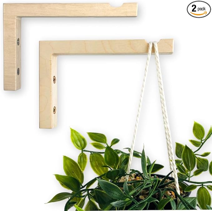 2-Piece Set of Plant Hooks for Wall 6 Inch - L-Shaped Mounted Wooden Plant Hook - Indoor and Outdoor Bracket Plant Hanger for Planters, Lanterns, Bird Feeders and Plant Basket (Natural)