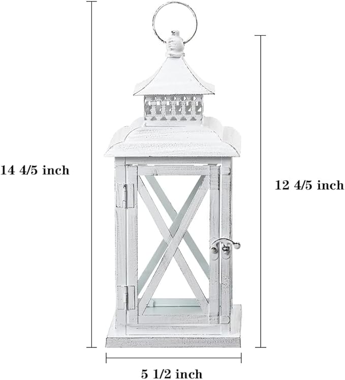 DECORKEY Lantern Decorative Indoor & Outdoor, Large Square Hanging Spring Home Decor, Vintage Metal Decorative Candle Lanterns for Outdoor Patio Wedding Party White with Black Brush