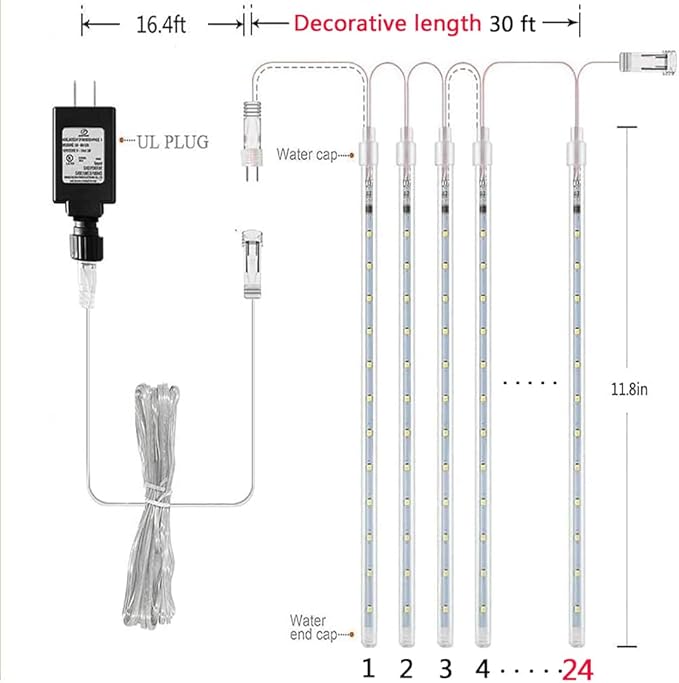 Aokudoni Christmas Lights 24 Tubes Meteor Shower Outdoor, Indoor Outside Decorations Icicle Snow Falling Rain for Tree Yard Party, UL Plug, Multi Color