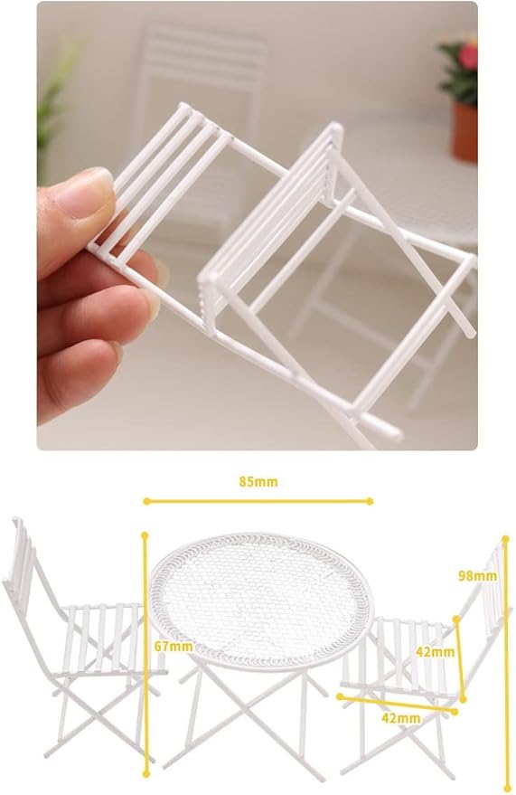Dollhouse Miniature Bistro Table & Chairs Set Accessories Metal 1:12 Scale Miniatures White Coffee/Tea Furniture Fairy Garden Cute Rustic Elegant Decorations Ornaments (B)