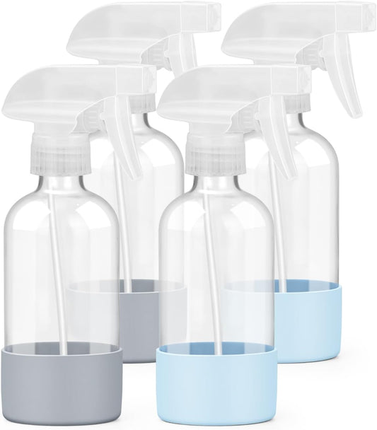 4 Pack Glass Spray Bottles 8 oz, Empty Refillable Containers with Silicone Sleeve Protection, Glass Spray Bottles for Cleaning Solutions, Hair and Plants with Adjustable Nozzles Blue&Grey