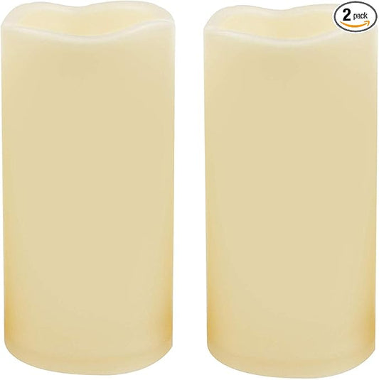 2 Waterproof Outdoor Battery Operated Flameless LED Pillar Candles with Timer Flickering Plastic Resin Electric Decorative Light for Lantern Patio Garden Home Party Wedding Decorations 3x6 Inch