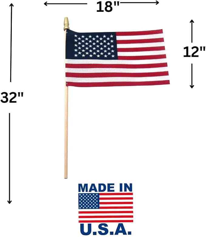 American Flags on Stick - Handheld Spearhead US Flag for 4th of July, Memorial Day Event Decorations - Patriotic Decor for Indoors & Yard - Wooden Stick, Cotton Fabric (12" X 18" - 144 Pack)