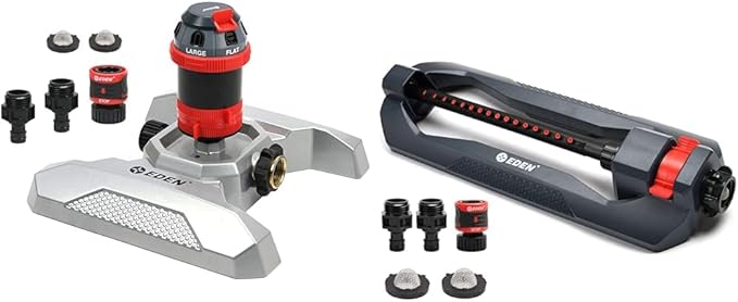 Eden Metal Adjustable 6-Pattern Rotary Gear Drive Garden Sprinkler Bundle with Oscillating Sprinkler for Yard