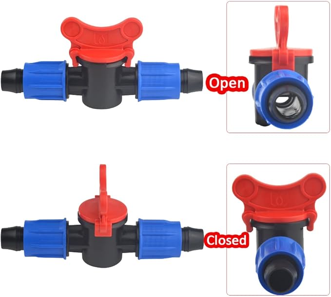 10Pack 1/2 Inch Drip Irrigation Shut-Off Valve Universal Drip Irrigation Tubing Coupling Valve Drip Connector Fitting Compatible with 16 to 17 mm Drip Tape Tubing Sprinkler System (Blue Red)