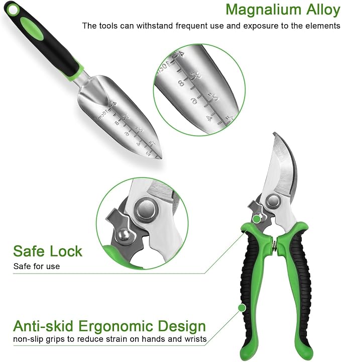 Garden Tool Set with Non Slip Rubber Grip,8 Piece Stainless Steel Gardening Tool Sets,Heavy Duty Outdoor Hand Tools Durable Storage Tote Bag,Uprooting Weeding Tool, Gifts for Women Men Green