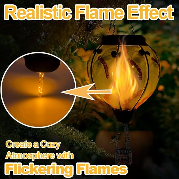 Hot Air Balloon Solar Lantern with Flickering Flame, Glass Hanging Garden Lights Outdoor Waterproof for Tree Yard Patio Mother's Day Gift, 18" H Dragonfly