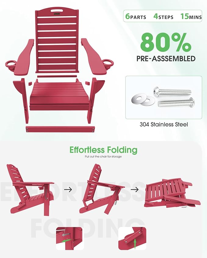 Folding Adirondack Chair HDPE All-Weather Adirondack Chairs with Cup Holder, Outdoor Fire Pit Chairs Lawn Chair for Deck Patio Garden (Red)