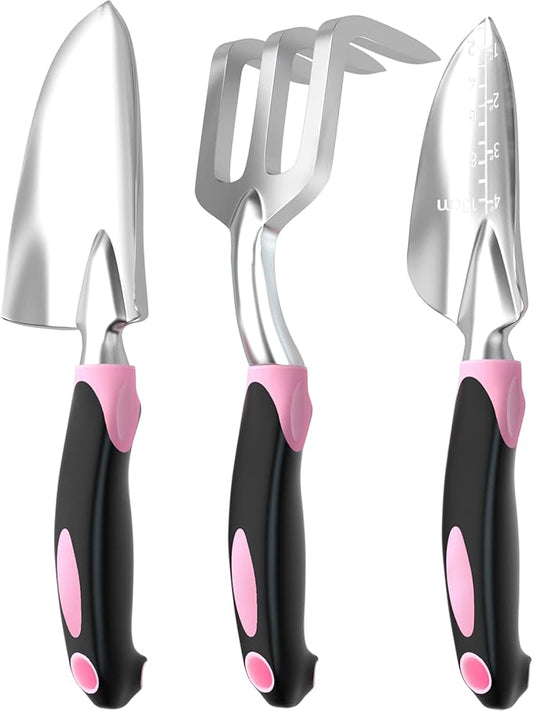 Garden Tool Set SOYUS Heavy Duty 3 Piece Gardening Hand Tools Aluminum Garden Shovel for Planting Hand Trowel Cultivator Rake with Ergonomic Non-Slip Rubber Grip Pink Gardening Gifts for Women
