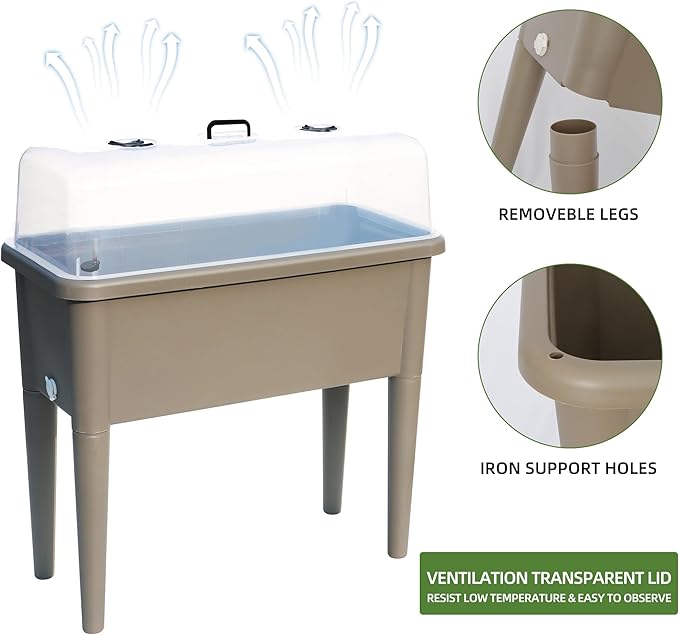 Dexceder 13.2 Gallon Self Watering Raised Garden Bed with Ventilation Transparent Lid Greenhouse, Deepen Vegetable Flower Box Planter Pot with Removeble Legs&Water Level Indicator (Light Brown)