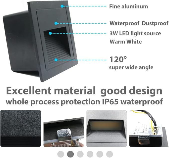 8Pack 3W LED Recessed Wall Light, 85-230V Step Lights Warm White 3000K, IP65 Waterproof Stair Light Staircase Light lamp, Inside Outside Garden Balcony Corridor, Aluminum, 120V,Black