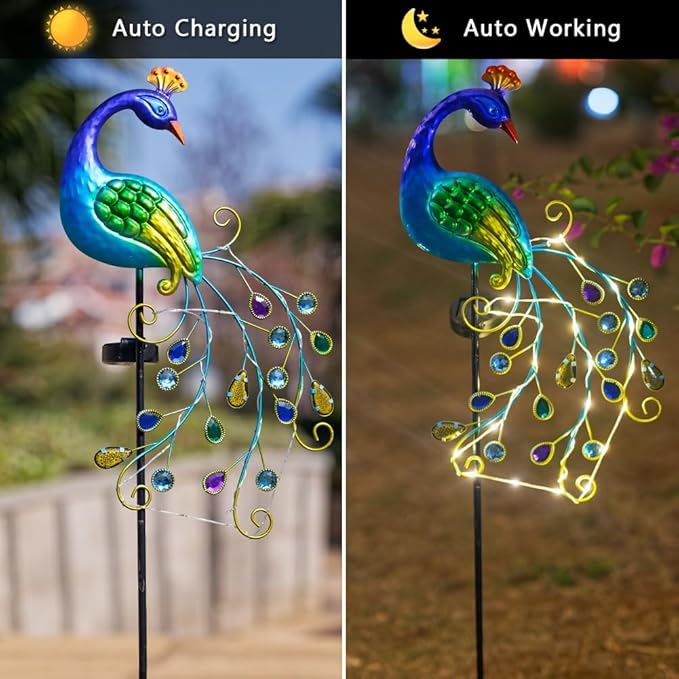 DREAMSOUL 2 Pack Peacock Solar Lights Outdoor, Waterproof Metal Peacock Outdoor Solar Lights for Yards Pathway Lawn Decoration Peacock Gifts
