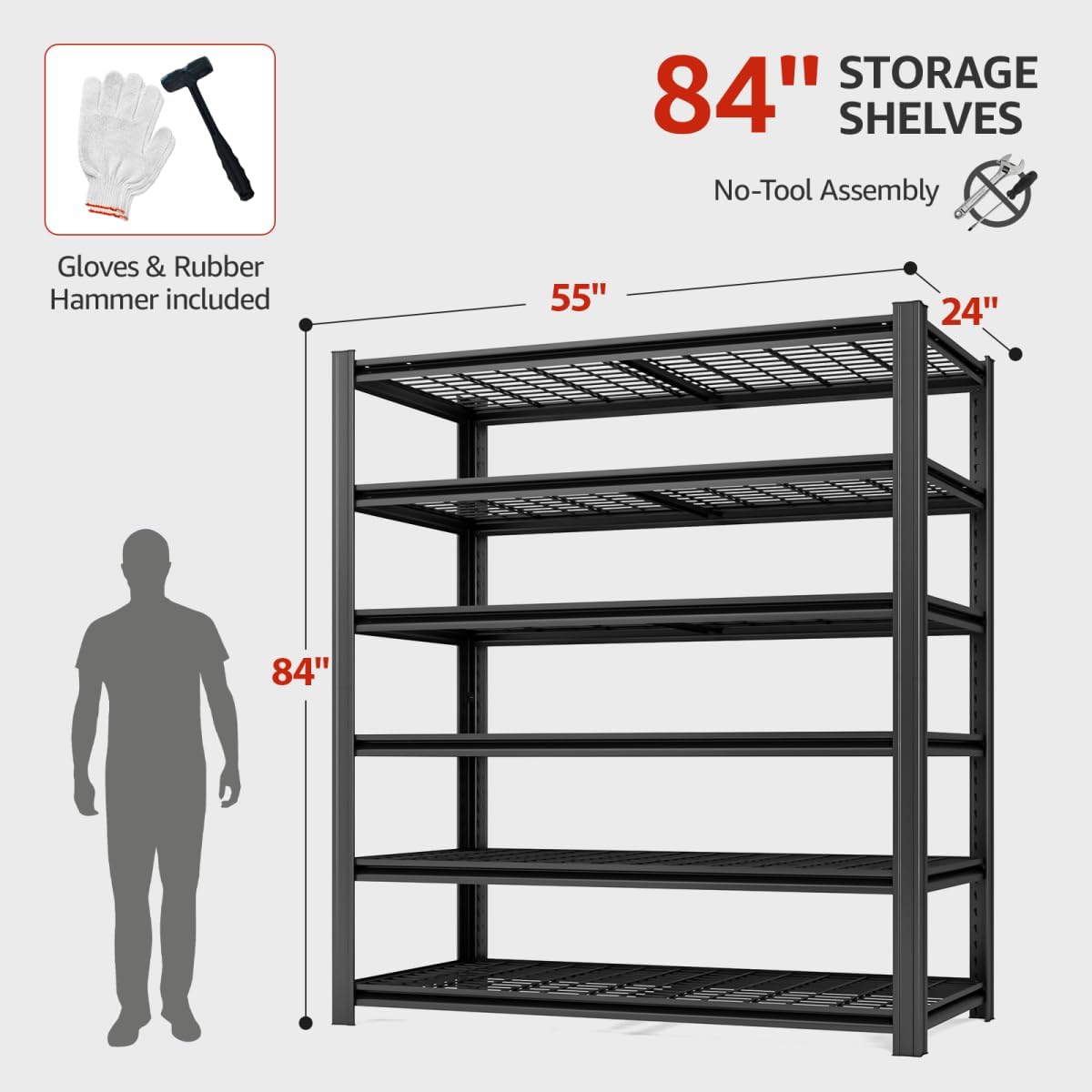 3600LBS 6 Tier Metal Shelving Unit 84" H x 55" W x 24" D, Adjustable Garage Shelves, Heavy Duty Storage Shelves for Warehouse, Basement, Kitchen, Pantry, Living Room, Black