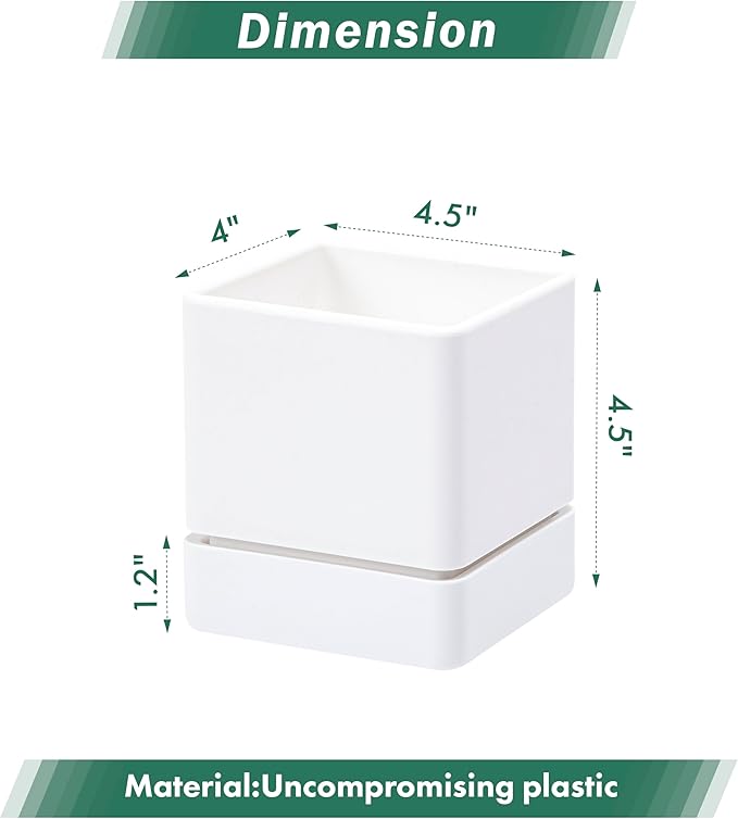 4 Inch Herb Planter Pot, Plastic Planter with Drainage Holes and Saucer, Modern Decorative Gardening Pot for Indoor Plants, Flowers, Herbs, Succulents, White, Set of 6, 76-Y-A-6