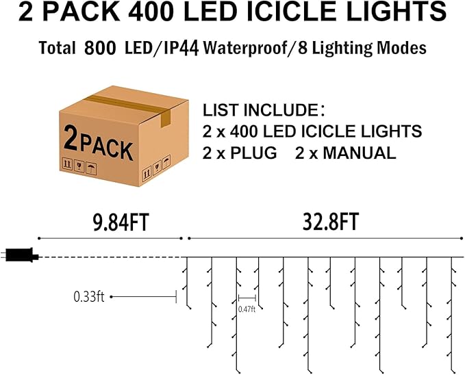 Hezbjiti 2Pack Total 800LED Icicle Lights 32.8FT Christmas Lights String Lights Outdoor Decoration 8 Modes 75 Drops Fairy Lights for Eaves Party Yard Garden Xmas Decor