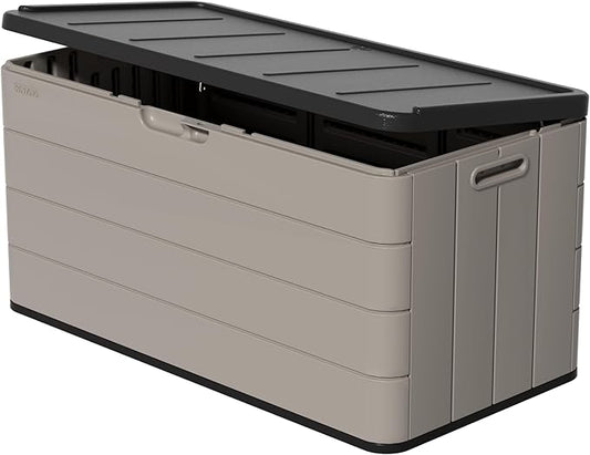 Heavy-Duty 100 Gallon Outdoor Storage Bench - Waterproof Patio Deck Box for Outside Use, Lockable Resin Storage with UV Protection, Granite Grey