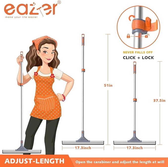 Eazer Floor Squeegee Broom: Heavy Duty Scrubber with Extendable 50.3'' Aluminum Pole and Rubber Blade for Kitchen, Swimming Pool, Concrete Floors,Shower,Tiles,Garages,Windows,Glass,Pet Hair Removal