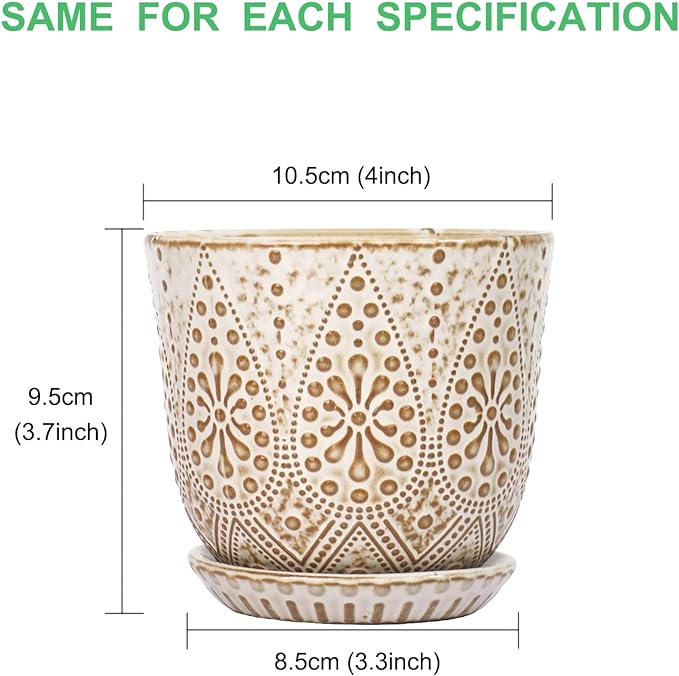 Gepege Succulent Pots, 4 Inch Small Indoor Ceramic Planter Pot with Drainage Holes and Saucers for Plants- Creamy White - Set of 4