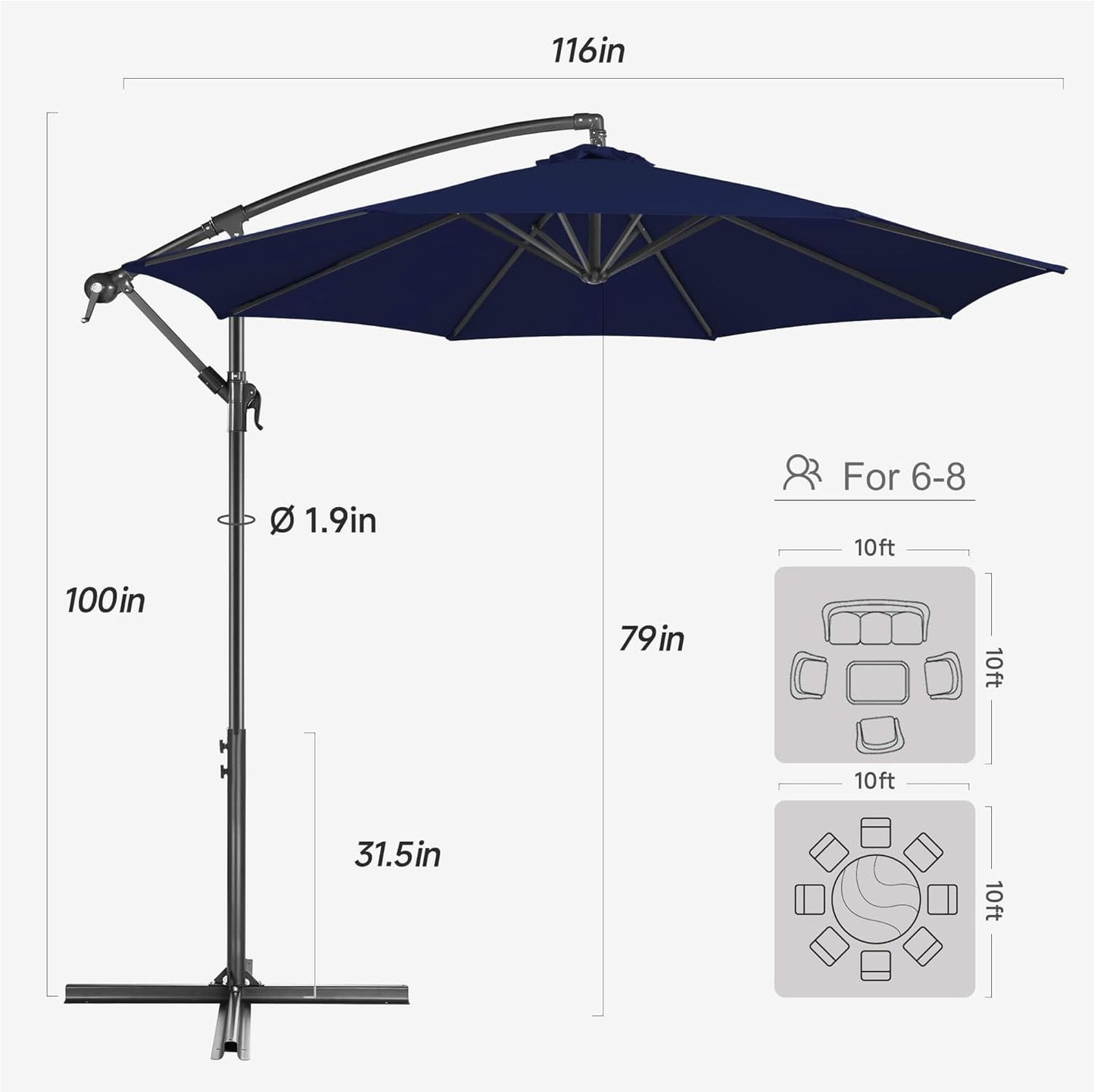 FLAME&SHADE 10ft Cantilever Patio Umbrella Outdoor, Large Offset Umbrella with Crank and Cross Base, UPF 50+ UV Protection Hanging Umbrella for Pool Deck Garden, Navy Blue