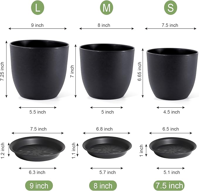 9/8/7.5 inch Plant Pots, Set of 3 Modern Decorative Plastic Planters with Drainage Holes and Tray, Flower Pots for Indoor Outdoor Plants, Black