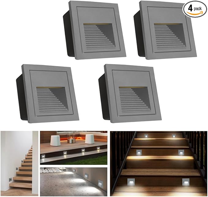 4Pack 3W LED Recessed Wall Light, 85-230V Step Lights Cool White 6000K, IP65 Waterproof Stair Light Staircase Light lamp, Inside Outside Garden Balcony Corridor, Aluminum, 120V Grey