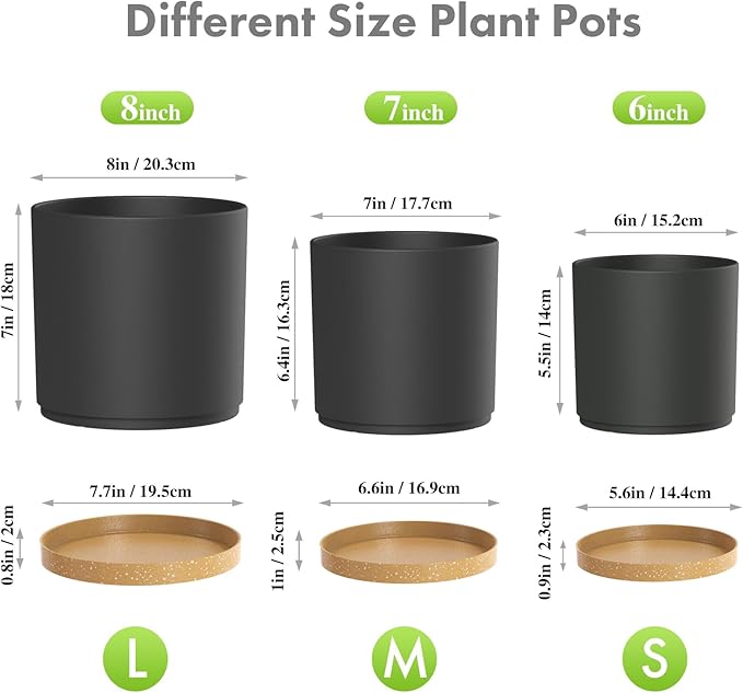 8/7/6 inch Flower Pots, 3 Pack Cylinder Plant Pots for Outdoor Indoor Plants, Decorative Plastic Planters with Drainage Holes and Saucers for Garden House Plants, Black with Brown