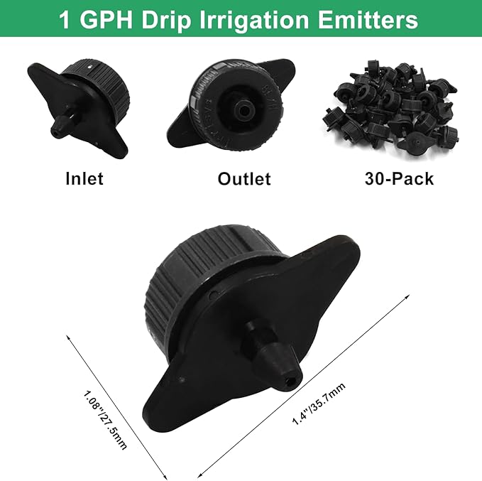 30 Pcs Drip Irrigation Emitters, 1 GPH Pressure Compensating Irrigation Drippers for Garden Lawn Watering Irrigation System, Black