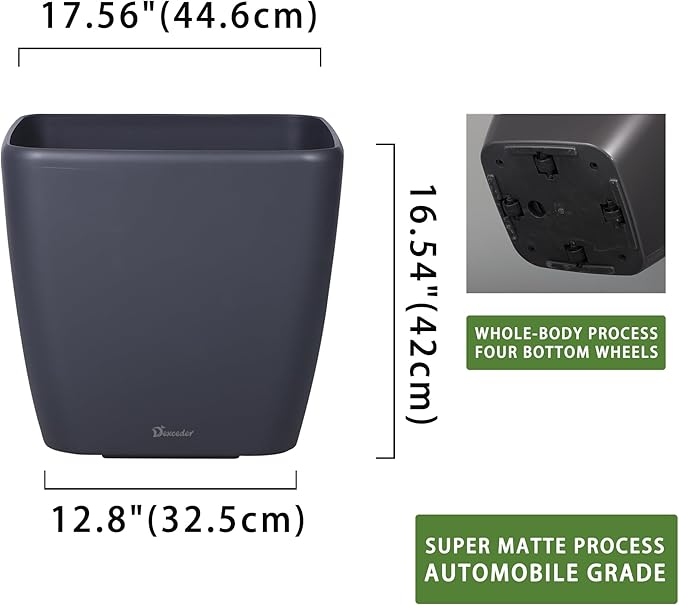 Dexceder 18x17 Self Watering Planter with Wheels Indoor Outdoor, Inner Mat Design, Thickened Large Floor Standing Flower Plant Pot with Water Level Indicator (Slate Gray Matte)