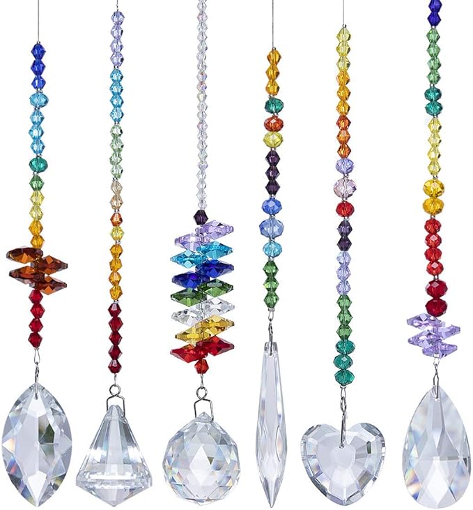 H&D HYALINE & DORA Colorful Crystals Glass Pendants Chandelier Suncatchers Prisms Hanging Ornament Octogon Chakra Crystal Pendants for Home,Office,Garden Decoration,Pack of 6