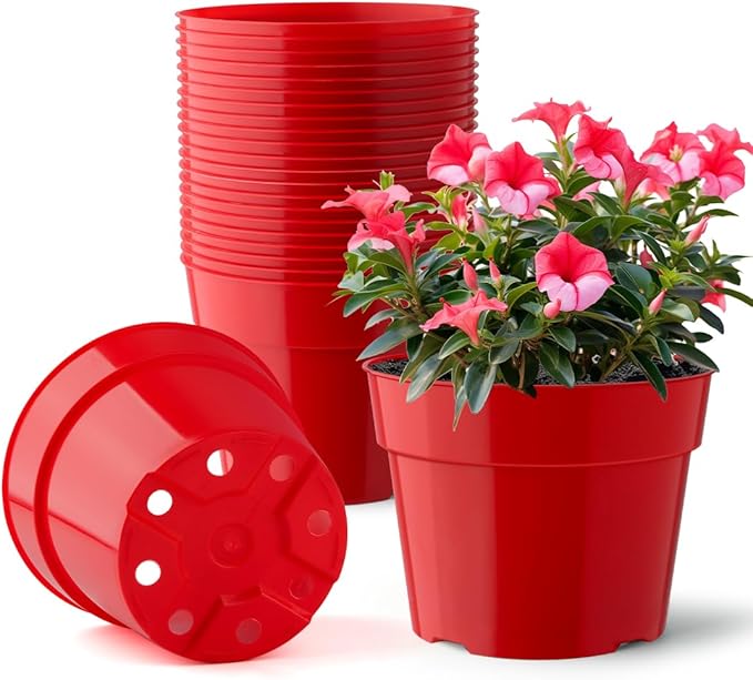 20 Pack 6 Inch Plant Pots, Thickened Plastic Flower Pots with 20 Pcs Water Collecting Trays, 20 Soil Block Mesh Pads, Red