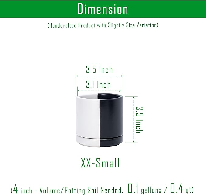 D'vine Dev 3.5 Inch Ceramic Planter Pot with Drainage Hole and Saucer, Indoor Cylinder Round Planter Pot, Split Monochrome Black & White, 94-O-A-0