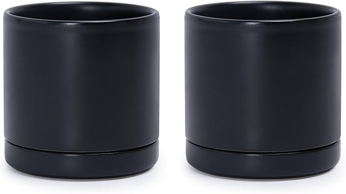 D'vine Dev Set of 2 Plants Pots, 3.5 Inch Ceramic Planter Pot for Plants with Drainage Hole and Saucer, Black, 94-V-A-2