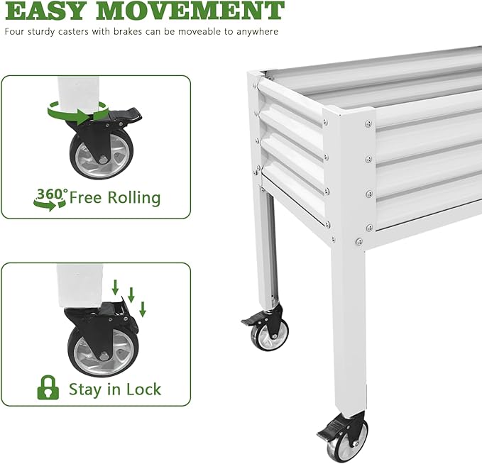 A ANLEOLIFE 4-Set Galvanized Raised Garden Bed with Legs,48x24x35in Large Elevated Planter Box on Wheels with Drainage Holes for Backyard, Balcony, Patio, 600lb Capacity, Antique White