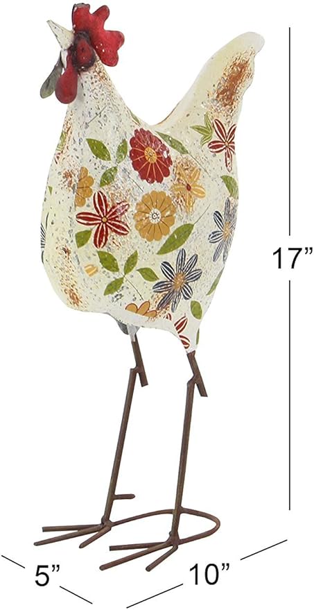Deco 79 Metal Rooster Decorative Garden Sculpture Indoor Outdoor Distressed Standing Garden Statue with U Shaped Feet, Outdoor Sculpture 10" x 5" x 17", Cream