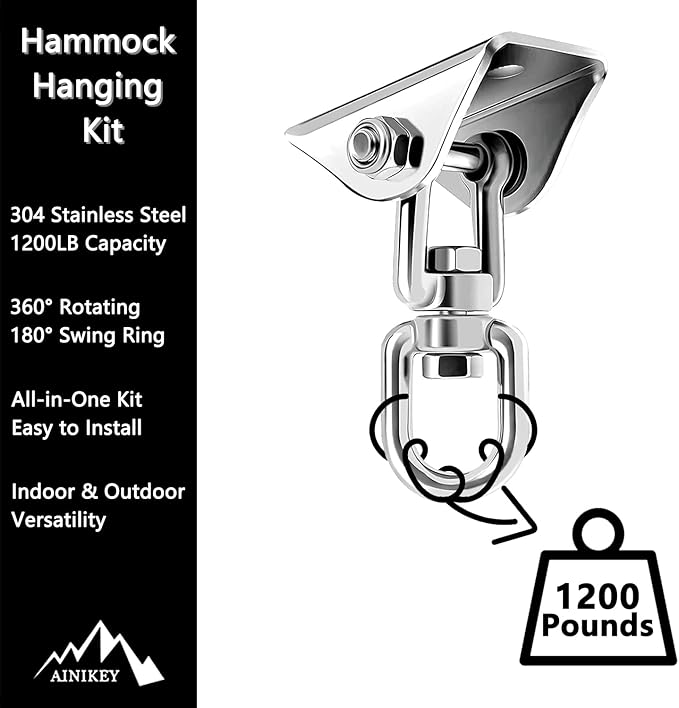 Heavy Duty Hammock Hanging Kit, 360° Rotating 1200 lb Swing Hangers for Hammock Chair Stand, Seat, Porch Swing, Yoga, Tree, Indoor Outdoor Hanging Hardware Sliver | Pack of 2