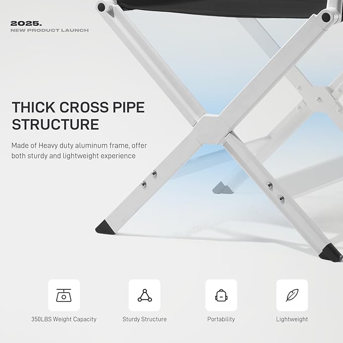 EVER ADVANCED Aluminum Directors Chair, Folding Studio Movie Chairs Camping Event Vendor Chair, 19" Seat Height Black Fabric/White Frame, Support 350lbs