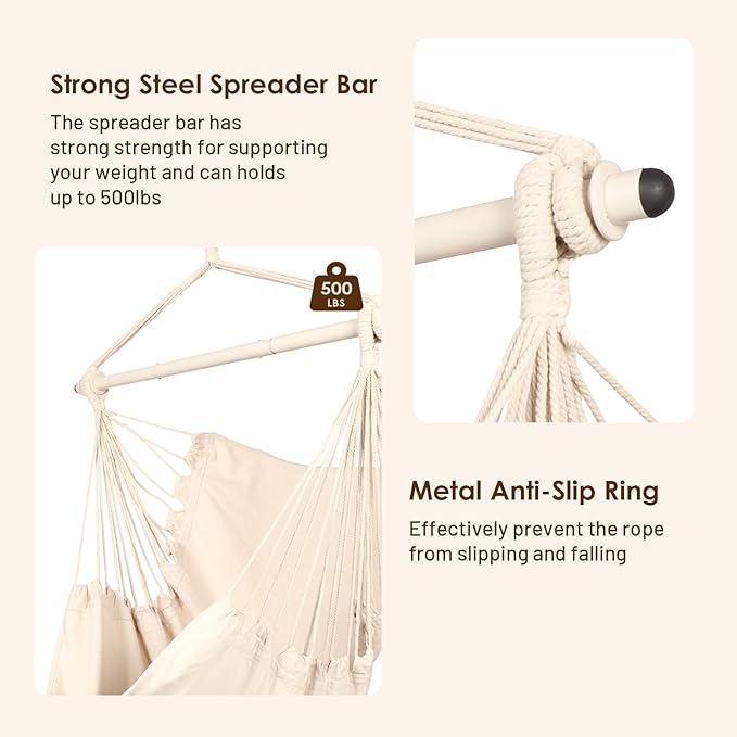 Highwild Hanging Rope Hammock Chair Swing Seat for Any Indoor or Outdoor Spaces - 500 lbs Weight Capacity (Beige)