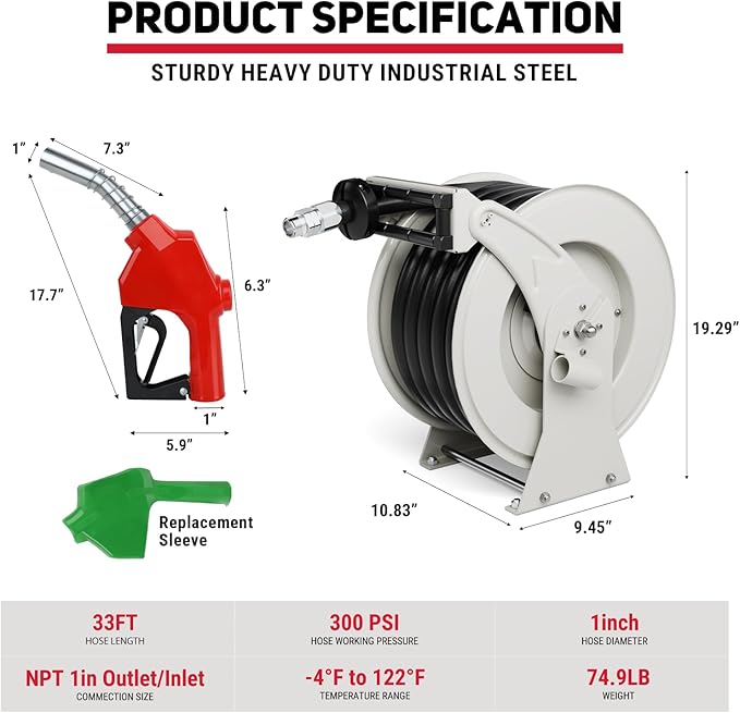 Fuel Hose Reel 1" x 33', 300 PSI Heavy-duty Steel Construction with Refueling Nozzle, Diesel Fuel Reel Used for Aircraft Ship Vehicle Tanker Truck