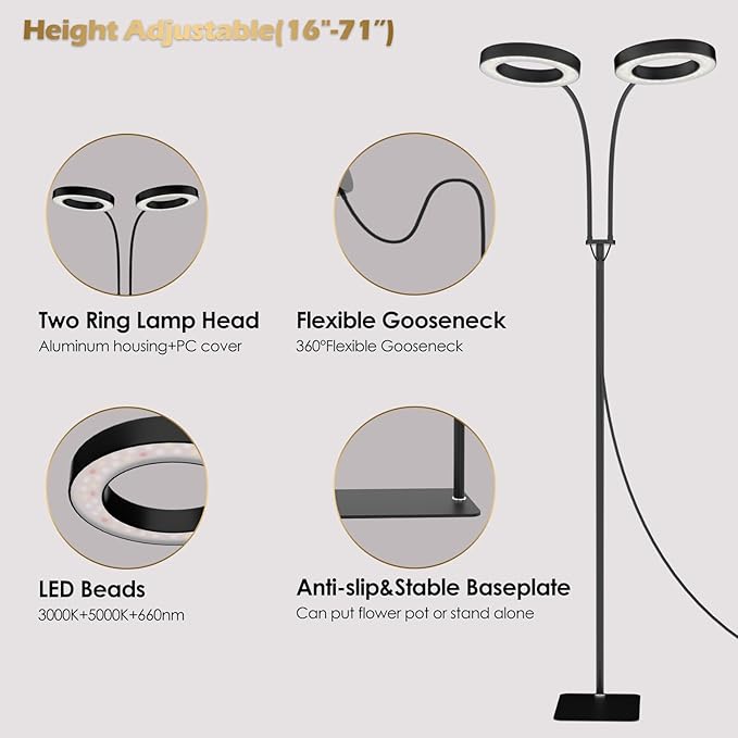 GLOWRIUM Grow Light with Stand,2-Head LED Plant Light for Indoor Plants, Full Spectrum Grow Lamp, 3/9/12H Timer, 6 Dimmable Levels, 3 Lighting Mode, Adjustable Height