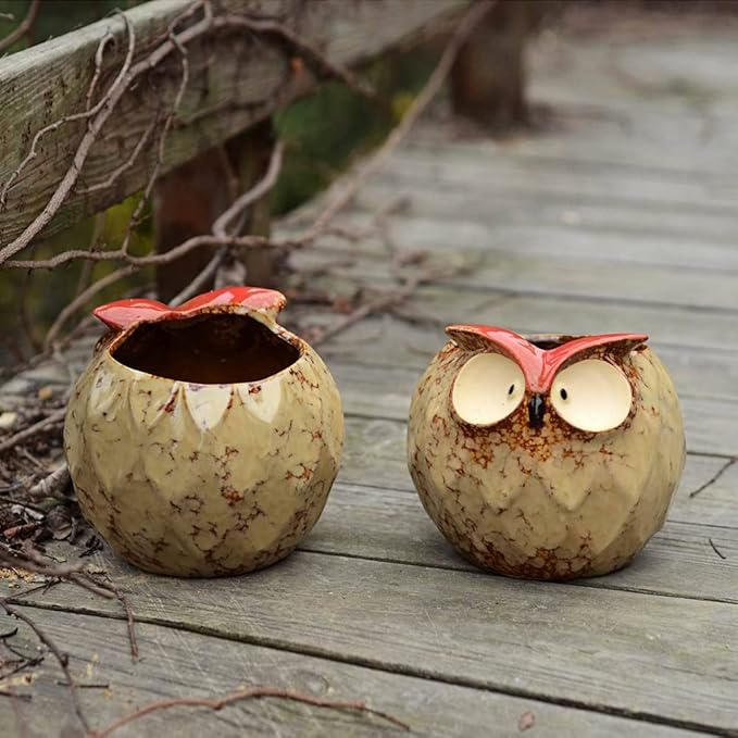 GeLive Owl Planter Ceramic Succulent Plant Pot Fun Animal Flower Container Decoration Tabletop Decor Windowsill Box with Drainage Hole (Round Owl Planter)