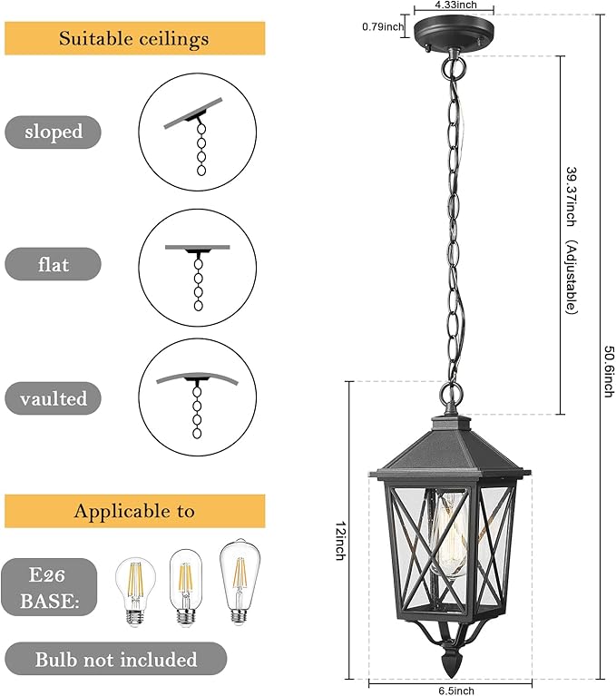 Darkaway Outdoor Pendant Light Fixture, Outdoor Hanging Porch Light with Seeded Glass, Anti-Rust Waterproof Aluminum E26 Socket Lighting for Porch Entryway Doorway