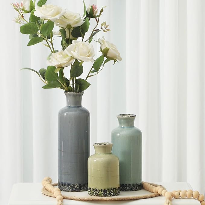 Flower Vase Set of 3, Ceramic Neutral Vases Home Decor, Pottery Rustic Farmhouse Decorative Vases Modern Decor for Table Mantel Entryway Bookshelf Living Room Kitchen Bedroom - Multicolor